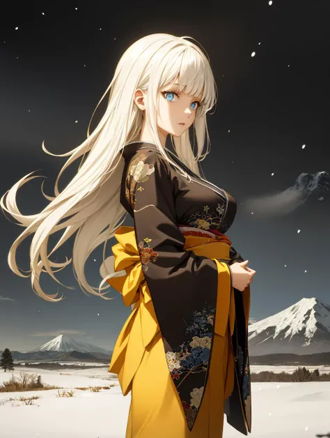 absurdres, highres, ultra detailed, anime keyvisual, night sky, cowboy shot, mountain, cloudy sky,
1girl, white hair, blunt bangs, long hair, blue eyes, kimono, japanese clothes, glowing eyes, aura, pale skin, yellow theme, looking at viewer, standing, large breasts, snowing, perfect hands, wind, blizzard,
<lora:blue_theme_v10:-1><lyco:envybetterhandsLocon_beta2:1.0> <lora:flat2:-0.6> <lora:flatBG:1>,