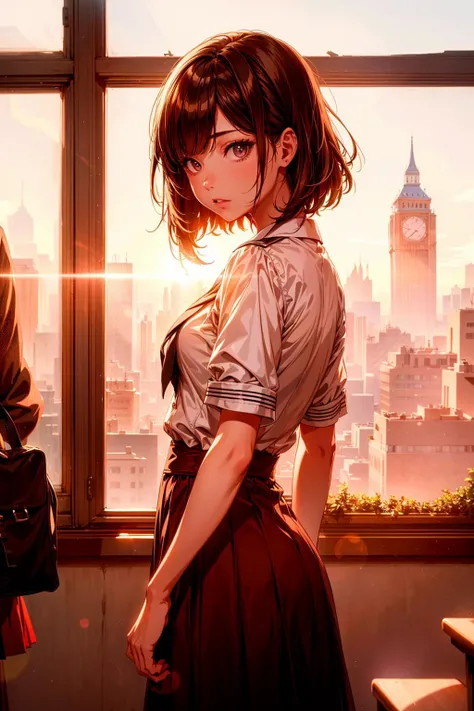 absurdres, (best quality), (masterpiece),(ultra-detailed:1.2),(photorealistic:1.1),ultra high res,
1girl,long bob,standing,looking back,high school,window,
school uniform,
classroom,bokeh ,lens flare ,silhouette ,sunset,
<lora:flat2:-0.8> ,
<lora:LowRa:-0.3> ,
<lora:red_theme01:0.3>
