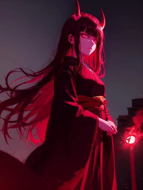 best quality, official wallpaper, night sky, cowboy shot, horror \(theme\), 
1girl, oni horns,  black long hair, blunt bangs, black kimono, all red blood eyes, glowing eyes, stink eye, furious, aura, upturned eyes, looking at viewer, standing, pale skin,  wind, disheveled hair,  perfect hands, serious, blood, 
<lora:red_theme22222_8:1> <lora:green_theme22222_8:-1> <lora:flat2:-0.6> <lora:flatBG:1> <lyco:envybetterhandsLocon_beta2:1.0>