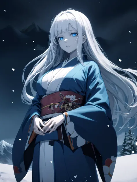 absurdres, highres, ultra detailed, anime keyvisual, night sky, cowboy shot, mountain, cloudy sky,
1girl, white hair, blunt bangs, long hair, blue eyes, kimono, japanese clothes, glowing eyes, aura, pale skin, blue theme, looking at viewer, standing, large breasts, snowing, perfect hands, wind, blizzard,
<lora:red_theme_v10_fix:-1><lyco:envybetterhandsLocon_beta2:1.0> <lora:flat2:-0.6> <lora:flatBG:1>,