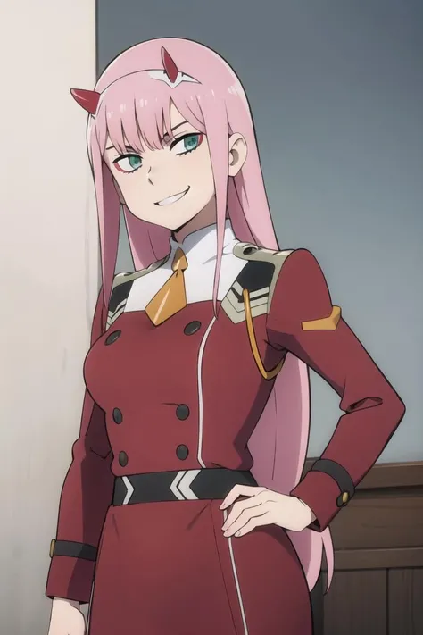 (((picture perfect))), (absurdres), 1girl, solo, <lora:zerotwo-ditf:0.8>, zero two, military uniform, smirk, looking at viewer