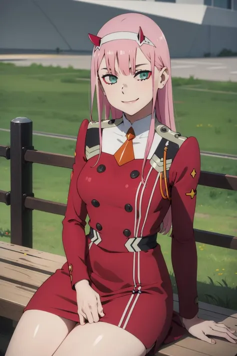 (((picture perfect))), (absurdres), 1girl, solo, <lora:zerotwo-ditf:0.8>, zero two, military uniform, skirt, smug, smile, looking at viewer,
sitting on bench, hands between thighs,
<lora:beautiful detailed eyes:0.7>, beautiful detailed eyes,