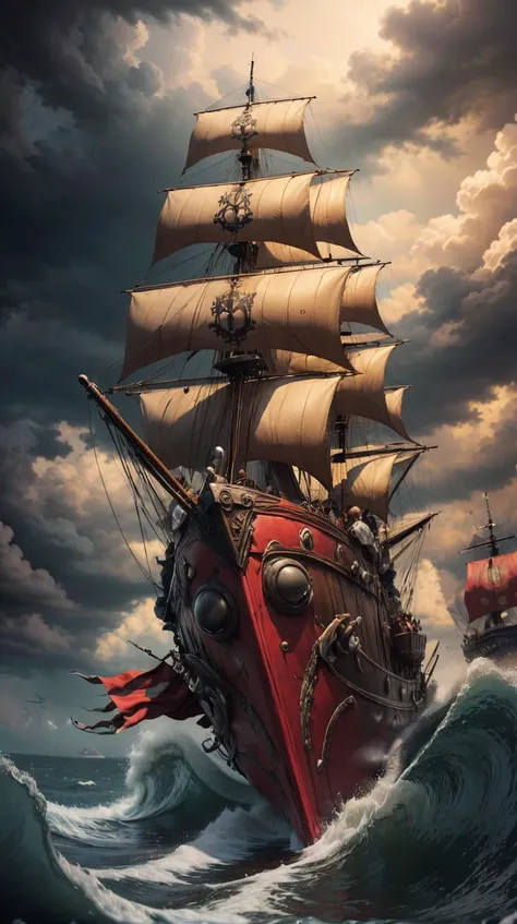 <lora:DeadpoolStyle:1> DeadpoolStyle a pirate ship bravely navigating through a raging storm, sailors working tirelessly, (leather:0.6) <lora:add_detail:0.5>, (Masterpiece:1.3) (best quality:1.2) (high quality:1.1)