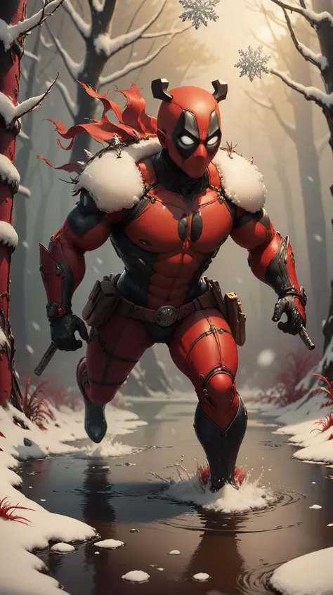 <lora:DeadpoolStyle:1> DeadpoolStyle a flurry of snowflakes landing gently, turning the enchanted swamp into a winter wonderland, (leather:0.6), (Masterpiece:1.3) (best quality:1.2) (high quality:1.1)