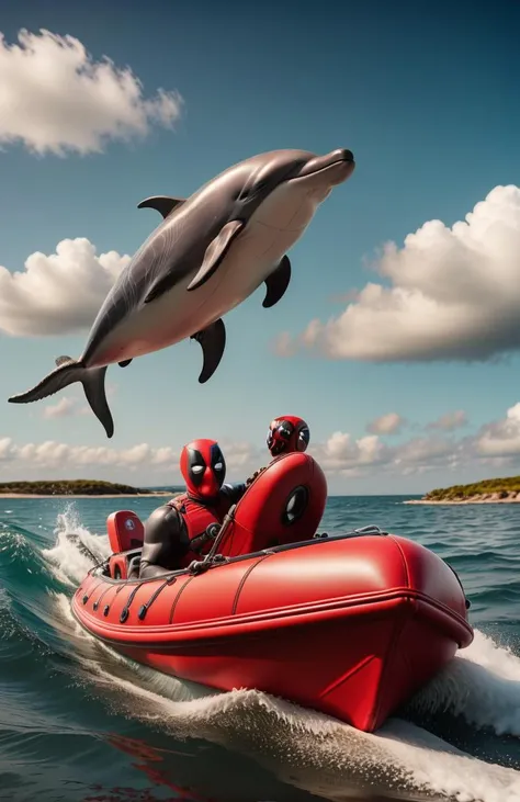 <lora:DeadpoolStyle:1> DeadpoolStyle, a playful dolphin riding the waves alongside a boat, leather,