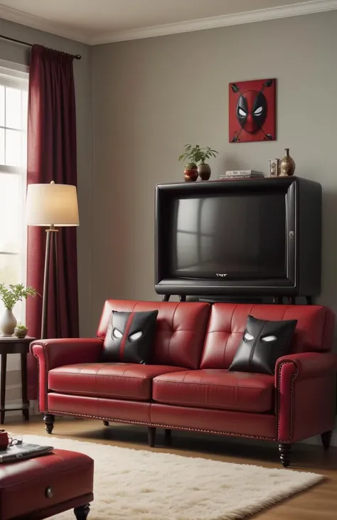 <lora:DeadpoolStyle:1> DeadpoolStyle, big leather couch, television,