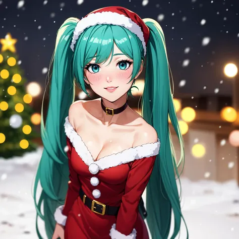 masterpiece, best quality, <lora:MikuLoraV2_U:0.7>, mi, aqua hair, long hair, twintails, hatsune miku, 1girl, very long hair, solo, aqua eyes, small breasts, <lora:santadress:0.3>, woman wearing sntdrs, red santa dress, cleavage, thighs, white fur trim, belt, pantyhose, open shoulders, red choker, warm light, rtx, hdr, pink lips, cute, black eyes makeup, light smile, shy, blush, outside, stars, atmospheric, portrait, bokeh, amazing background, snowing, christmas lights, christmas , winther, snow, christmas tree, upper body shot, hips, wide shot, looking at the viewer