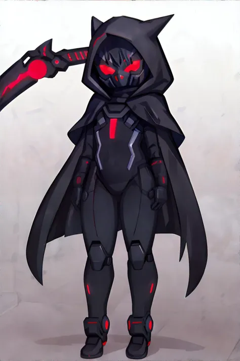 <lora:technoreaper:0.8>, grimreaper, cyberpunk, bodysuit, hood, mask, cape, holding scythe, <clip:skip:2> || clothing, metal, cyberpunk, masterpiece, 8k, high resolution, shallow depth of field, sharp focus