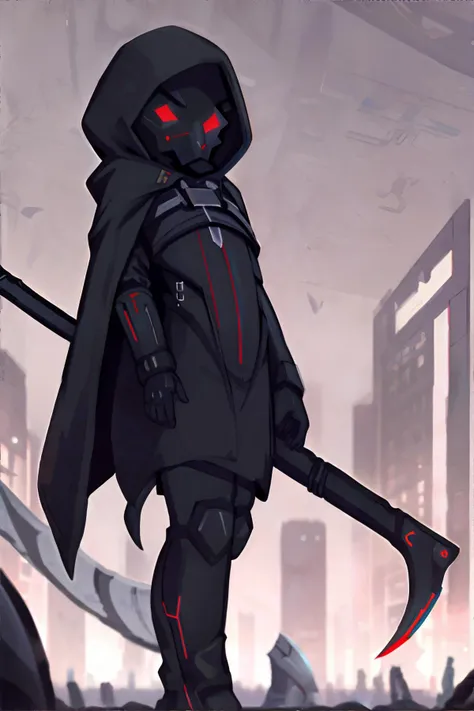 <lora:technoreaper:0.8>, grimreaper, cyberpunk, bodysuit, hood, mask, cape, holding scythe, <clip:skip:2> || clothing, metal, cyberpunk, masterpiece, 8k, high resolution, shallow depth of field, sharp focus