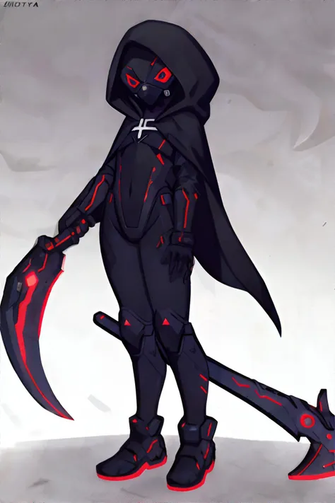 <lora:technoreaper:0.8>, grimreaper, cyberpunk, bodysuit, hood, mask, cape, holding scythe, <clip:skip:2> || clothing, metal, cyberpunk, masterpiece, 8k, high resolution, shallow depth of field, sharp focus
