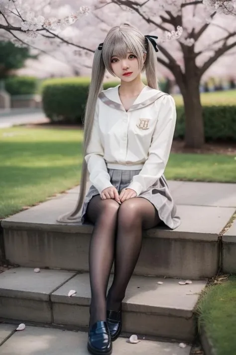 ultra-detailed,highly detailed,best quality,masterpiece,illustration,realistic,
kasugano sora, 1girl, solo, cosplay,
hair ribbon, school uniform,serafuku,sailor collar, long sleeves,plaid skirt, pleated skirt, pantyhose,loafers,
grey hair, twintails, long hair,bangs, ahoge,
looking at viewer, full body, sitting on stairs,
photo background, outdoors, tree,day, cherry blossoms, falling petals,
<lora:kasugano sora_v3_03:0.7>
