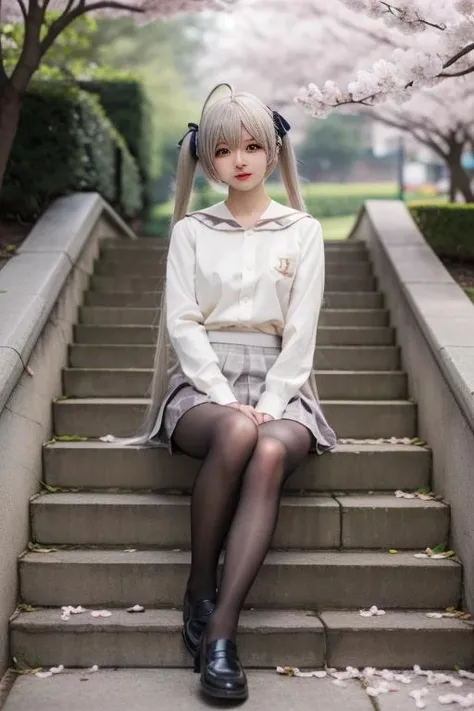 ultra-detailed,highly detailed,best quality,masterpiece,illustration,realistic,
kasugano sora, 1girl, solo, cosplay, 
hair ribbon, school uniform,serafuku,sailor collar, long sleeves,plaid skirt, pleated skirt, pantyhose,loafers, 
grey hair,  twintails, long hair,bangs, ahoge, 
looking at viewer,  full body, sitting on stairs, 
photo background, outdoors, tree,day, cherry blossoms, falling petals, 
 <lora:kasugano sora_v3_03:0.7>