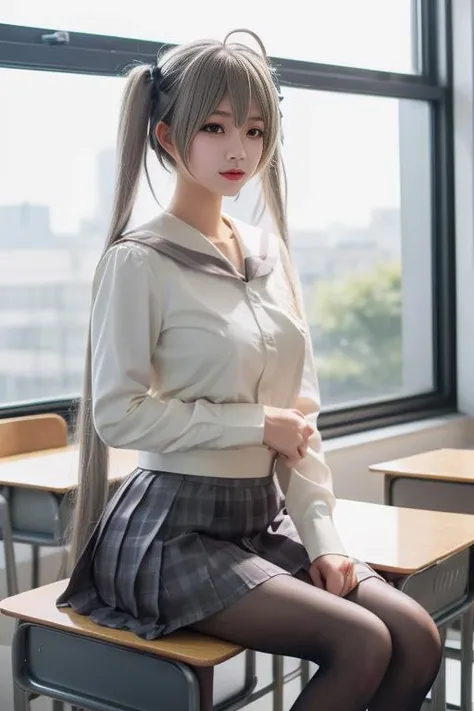ultra-detailed,highly detailed,best quality,masterpiece,illustration,realistic,
kasugano sora, 1girl, solo, cosplay,
hair ribbon, school uniform,serafuku,sailor collar, long sleeves,plaid skirt, pleated skirt, pantyhose,
grey hair, twintails, long hair,bangs, ahoge,
looking at viewer, sitting,
photo background, indoors,classroom,window,rain,cityscape,tree,
<lora:kasugano sora_v3_03:0.7>