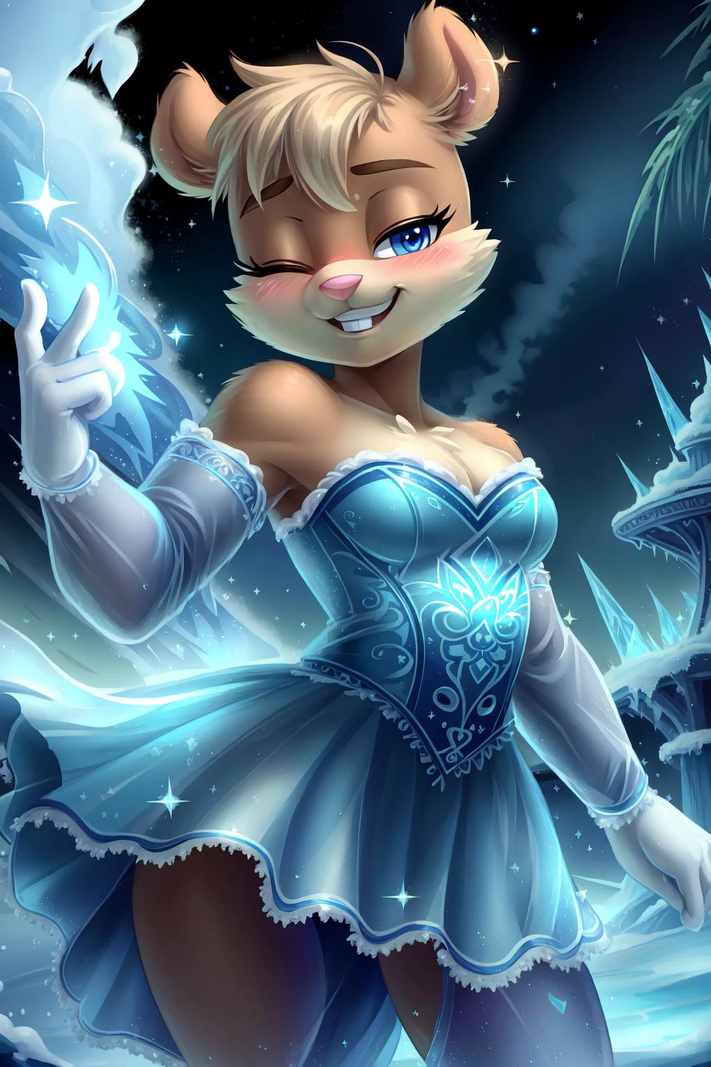 <lora:sandy-cheeks-v1:1> sandy-cheeks, action pose,
(masterpiece:1.2), (highly detailed:1.2), (intricate:1.2), (best quality:1.2),(8k:1.2), (photographic:1.2), (perfect face:1.2),
grin, one eye closed, one eye open, head tilt, in love, (blush:1.2), beautiful sexy dress,
ice spear, cloud terrace, starry, palm trees, dark night sky, magical sparkles,
cinematic light
<lora:WorldofIce:1> worldofice, frozen, fantasy, scifi, magical, frosty