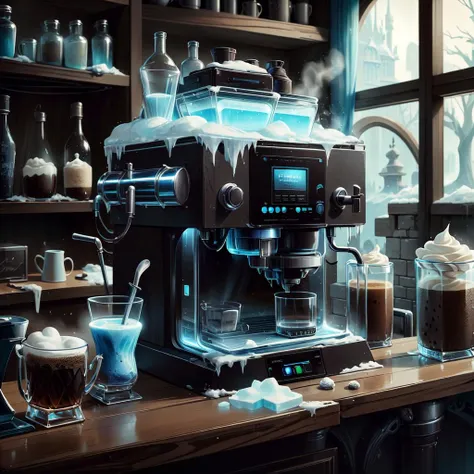 masterpiece, absurdres, extremely detailed, <lora:WorldofIce:1>,worldofice, frozen, frosty, fantasy, magical, coffee machine, on bar counter, tavern background,