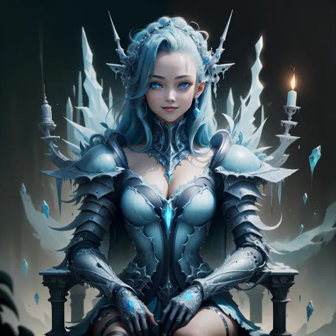 there is a woman sitting on a stool in a room, sitting in her throne underwater, closeup fantasy with water magic, cyborg - girl with silver hair, sitting on the porcelain throne, sitting on ice throne, on an icy throne, art nouveau octane render, sitting on her throne, sitting on a metal throne, silver hair girl, sitting on a stool