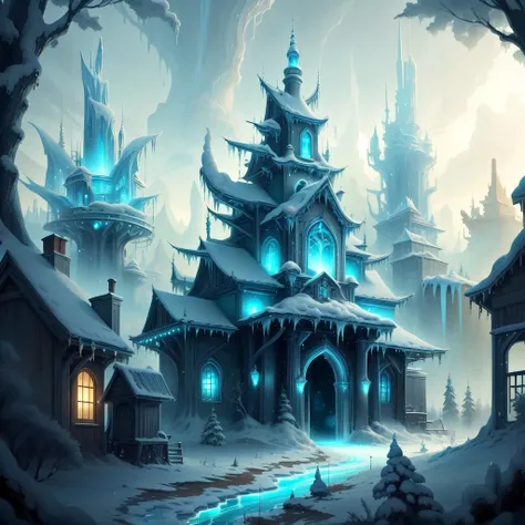 <lora:WorldofIce:1>,worldofice, fantasy, magical, norse village, blizzard, forest,