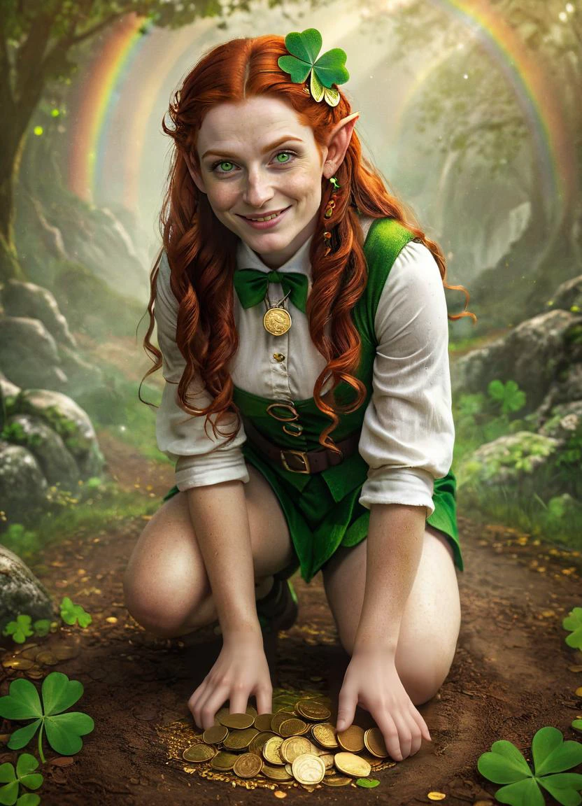 a highly detailed analog photo of a short mystical beautiful woman leprechaun with a mischievous smirk and pale skin and red hair and freckles, elf ears, solo, (girl dwarf), ((full body)), rainbow in the background, (gold coins on the ground), (shamrock), dynamic pose, extremely high quality RAW photograph, highly detailed textures, ultra detailed photograph, <lora:add-detail-xl:0.6>, ral-cltc, <lora:ral-cltc:0.2>, <lora:wowrcs:0.5>, <lora:Elf_Ears:1>, sfw