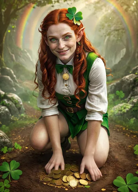 a highly detailed analog photo of a  short mystical beautiful woman leprechaun with a mischievous smirk and pale skin and red hair and freckles, elf ears, solo, (girl dwarf), ((full body)), rainbow in the background, (gold coins on the ground), (shamrock), dynamic pose, extremely high quality RAW photograph, highly detailed textures, ultra detailed photograph, <lora:add-detail-xl:0.6>, ral-cltc, <lora:ral-cltc:0.2>, <lora:wowrcs:0.5>, <lora:Elf_Ears:1>, sfw