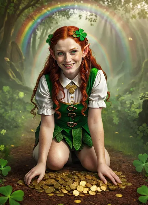 a highly detailed analog photo of a  short mystical beautiful woman leprechaun with a mischievous smirk and pale skin and red hair and freckles, elf ears,  solo, (girl dwarf), ((full body)), rainbow in the background, (gold coins on the ground), (shamrock), dynamic pose, extremely high quality RAW photograph, highly detailed textures, ultra detailed photograph, <lora:add-detail-xl:0.6>, ral-cltc, <lora:ral-cltc:0.2>, <lora:wowrcs:0.5>, <lora:Elf_Ears:1>, sfw