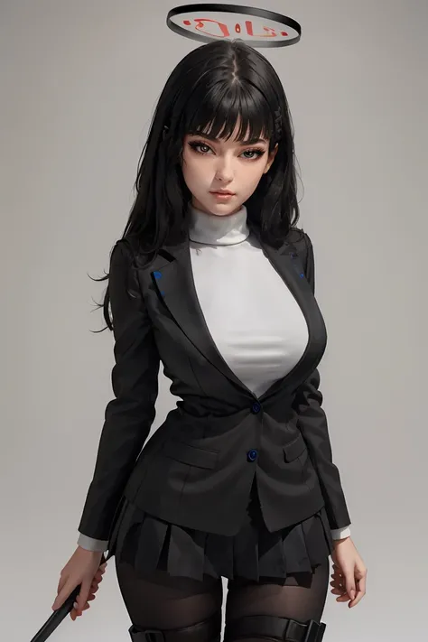 (masterpiece, best quality), 1girl,   <lora:rio-ba:1> rio-ba,red eyes,hairclip,very long hair,halo, white turtleneck sweater,black jacket,black miniskirt,thigh holster,black pantyhose,