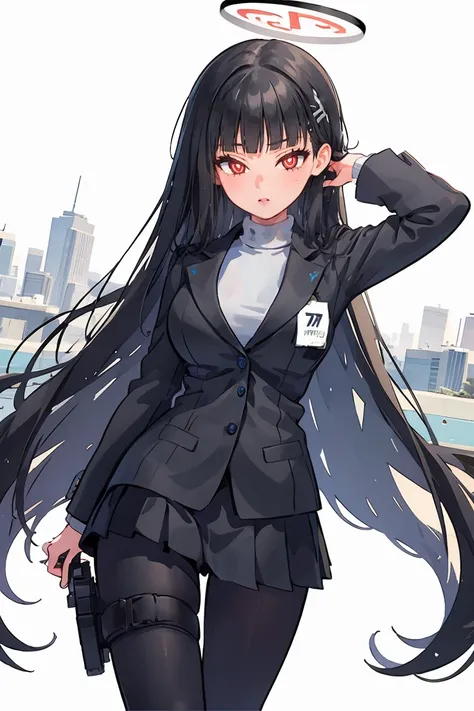 (masterpiece, best quality), 1girl, <lora:rio-ba:1> rio-ba,red eyes,hairclip,very long hair,halo, white turtleneck sweater,black jacket,black miniskirt,thigh holster,black pantyhose,