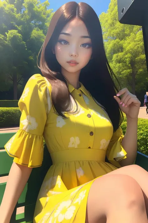 photo of Jennie_blackpink woman, wearing a yellow floral dress, outside at the park, (looking_to_camera:1.1) ,extremely detailed, intricate detail, fine detail, careful detail, up close portrait, masterpiece, best quality, ultra-detailed<lora:Jennie Blackpink:0.7>