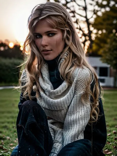 Claudia768 , turtleneck, black ripped jeans, garden, sunset, detailed eyes, photography, trending on artstation, sharp focus, studio photo, intricate details, highly detailed, by greg rutkowski <lora:Claudia768:0.8>