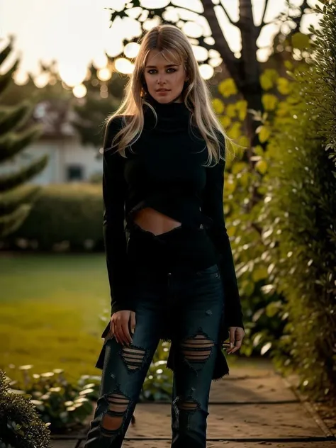 Claudia768 , full body, turtleneck, black ripped jeans, , sunset, detailed eyes, photography, trending on artstation, sharp focus, studio photo, intricate details, highly detailed, by greg rutkowski <lora:Claudia768:0.7>