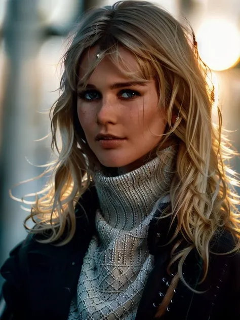 Claudia768 , +++(close up face portrait), turtleneck, black ripped jeans, , sunset, detailed eyes, photography, trending on artstation, sharp focus, studio photo, intricate details, highly detailed, by greg rutkowski <lora:Claudia768:0.8>