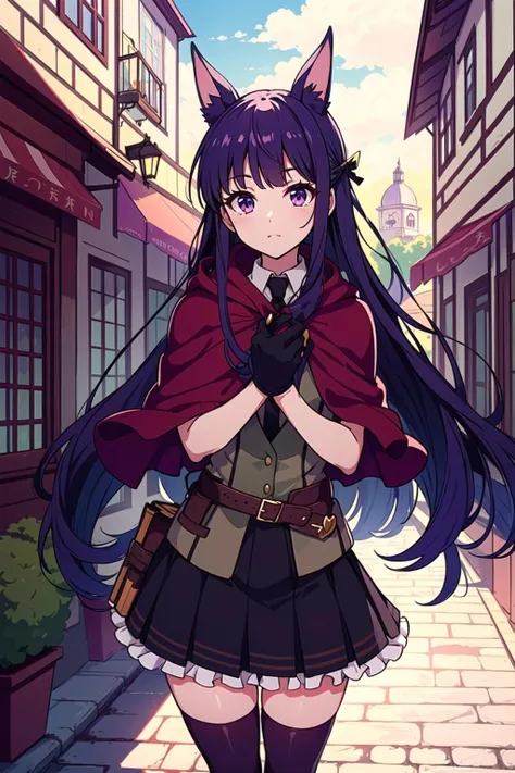 <lora:KasumiV1-000013:0.8> kasumi, very long hair, hair ribbon, dog_ears, purple eyes, necktie, collared shirt, black thighhighs, vest, (red capelet:1.1), pleated skirt, frills, black gloves, belt, book, looking at viewer, captivating pose, wood house, outdoors