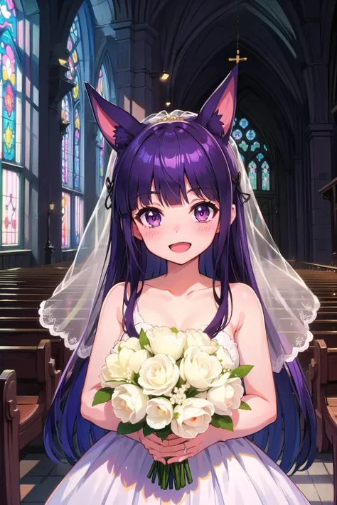 absurdres, highres, ultra detailed, <lora:KasumiV1-000013:0.6> kasumi, very long hair, black hair ribbon, dog_ears, purple eyes, wedding dress, bridal veil, holding bouquet, church, :d, looking at viewer