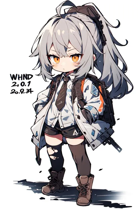 <lora:chibi_anime:1>, 1girl, solo, weapon, hands on hips, thighhighs, gun, weapon on back, boots, white background, shorts, white thighhighs, full body, hat, simple background, looking at viewer, grey hair, rifle, long hair, necktie, torn clothes, standing, pouch, orange eyes, closed mouth, ponytail, jacket, long sleeves, black shorts, dated, torn thighhighs, short shorts, ahoge, brown footwear, shirt, bangs