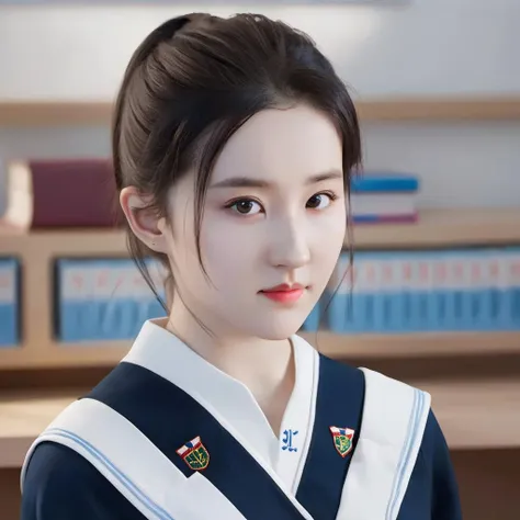low-angle-shot,1 girl, perfect face,Kawaii ,student,school uniform,classroom, best quality, intricate details, chromatic aberration,(realistic, photo-realistic:1.37),physically-based rendering,radiosity,professional lighting, photon mapping,<lora:è¶çé£FilmVelvia3:0.68>,<lora:xxmix9_lyf_sdxl_a100_v7:0.9>,