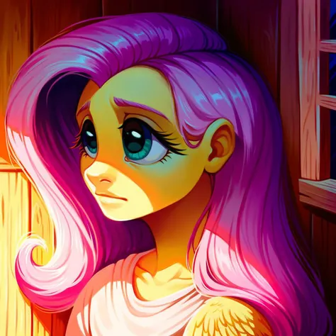 score_9_up, score_8_up, score_7_up, portrait, headshot, close-up, 1girl, human, Fluttershy, pegasus
, indoors, at a cabin, <lora:Sumin6301_Artist_Style:.6>, sumin6301