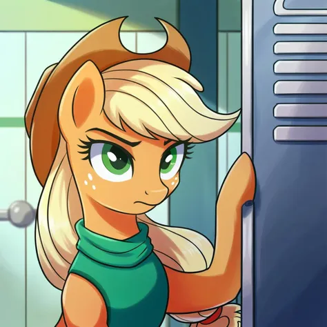 score_9_up, score_8_up, score_7_up, dynamic pose, upper body, from the front, 1girl, Applejack, earth pony
, indoors, on an elevator, <lora:Sumin6301_Artist_Style:.6>, sumin6301