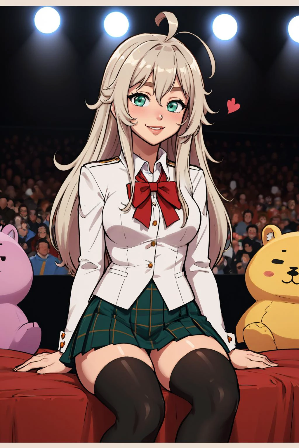 (masterpiece, best quality:1.2), <lora:mrpotatoparty:1>, mrpotatoparty, 1girl, solo, long hair, thighhighs, ahoge, grey hair, checkered skirt, white thighhighs, checkered clothes, skirt, huge ahoge, heart, green eyes, blush, smile