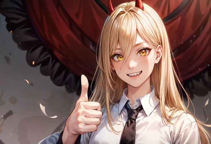 masterpiece-anatomy-perfect,detailed eyes, Perfect features, (masterpiece), (best quality), <lora:add_detail:1>,(((solo))),1 girl,small finger, small hand, thumbs_up,power_csm, blonde hair, yellow eyes, cross-shaped pupils, symbol-shaped pupils, red horns, white buttoned shirt, black necktie, csm anime style, <lora:csm_power:1>,grin, sharp teeth,
