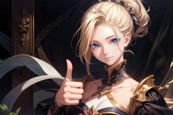 masterpiece-anatomy-perfect,detailed eyes, Perfect features, (masterpiece), (best quality), <lora:add_detail:1>,(((solo))),1 girl,small finger, small hand, thumbs_up, blonde hair,