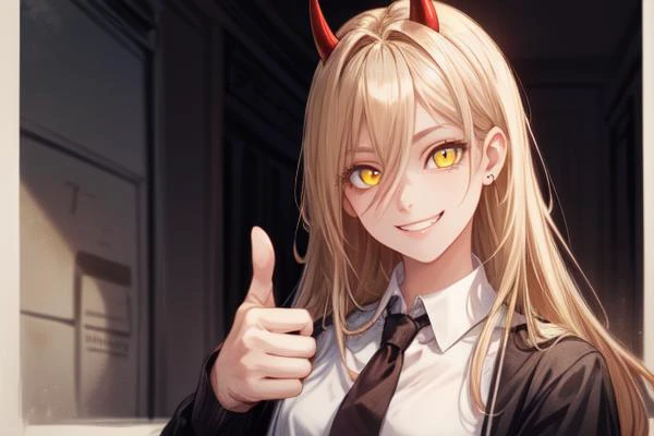 masterpiece-anatomy-perfect,detailed eyes, Perfect features, (masterpiece), (best quality), <lora:add_detail:1>,(((solo))),1 girl,small finger, small hand, thumbs_up,power_csm, blonde hair, yellow eyes, cross-shaped pupils, symbol-shaped pupils, red horns, white buttoned shirt, black necktie, csm anime style, <lora:csm_power:1>,grin,