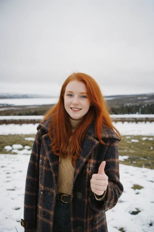 young, scottish redhead female spy, long hair, grunge style, wear coat, pants, boots. Outdoors, snowy winter, arctic, standing, thumbs up, winking, 1960s style, 1960s photo, cheap film, film grain, 1960s aestatics, analogue style, ((top quality)) <lora:detail_slider_v4:2>,