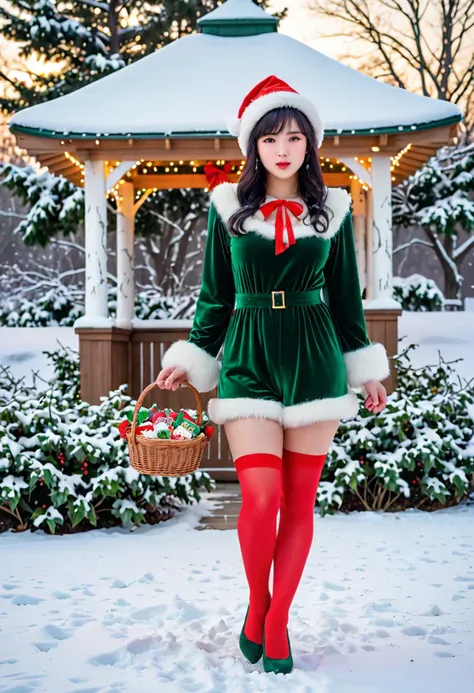 (medium full shot) of (attractive young woman:1.1), korean with black hime cut hair, dark brown eyes, pale skin, curvy, wearing Red and green velvet romper with white faux fur trim, red stockings, green wedges, elf hat with jingle bells, carrying a basket filled with holiday treats, angry at the viewer, her arms are crossed, .set in Snow-covered Meadow, Expansive field blanketed in pristine white snow, clusters of holly bushes peeking through the frost, a quaint wooden gazebo draped in fairy lights, soft flurries swirling in the air, and the distant sound of laughter echoing from children building snowmen , at sunset. Masterpiece,best quality, photorealistic, amazing quality, very aesthetic, extremely detailed face,