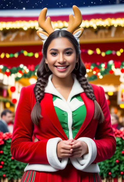 (medium full shot) of (gorgeous young woman:1.1), indian with dark hair in a braid, brown eyes, darker skin tone, curvy, wearing Red velvet skirt suit with green accents, striped stockings, black heels, reindeer antlers adorned with holly, holding a gingerbread cookie, smiling at the viewer, making an ok sign with her hand, .set in christmas Market, Entertainment Stage, Center stage surrounded by eager spectators, festive music filling the air, lively performers adorned in colorful costumes, towering poinsettias framing the stage, and a backdrop of twinkling stars , at night. ,Masterpiece,best quality, photorealistic, amazing quality, very aesthetic, extremely detailed face,