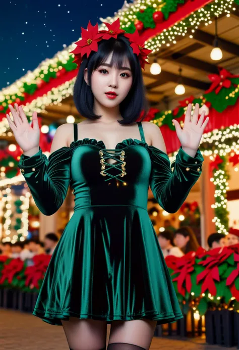 (medium full shot) of (sexy young woman:1.1), korean with black hime cut hair, dark brown eyes, pale skin, curvy, wearing Green velvet mini dress with red buttons, red stockings, black pumps, angel halo with shimmering stars, holding a string of twinkling Christmas lights, scared at the viewer, she's making a vulcan salute to the viewer, .set in christmas Market, Entertainment Stage, Center stage surrounded by eager spectators, festive music filling the air, lively performers adorned in colorful costumes, towering poinsettias framing the stage, and a backdrop of twinkling stars , at sunset. ,Masterpiece,best quality, photorealistic, amazing quality, very aesthetic, extremely detailed face,