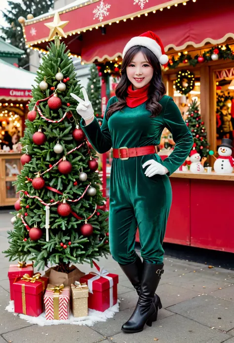 (medium full shot) of (sexy young woman:1.1), korean with black hime cut hair, dark brown eyes, pale skin, curvy, wearing Green velvet jumpsuit with red belt, red stockings, black stiletto boots, snowman top hat with a carrot nose, carrying a sprig of mistletoe, smiling at the viewer, making an ok sign with her hand, .set in christmas Market, Children's Corner, Playful area buzzing with youthful excitement, festive crafts tables adorned with glitter and glue, miniature evergreen saplings awaiting decoration, cozy nooks for storytelling, and a carousel adorned with whimsical reindeer . Masterpiece,best quality, photorealistic, amazing quality, very aesthetic, extremely detailed face,