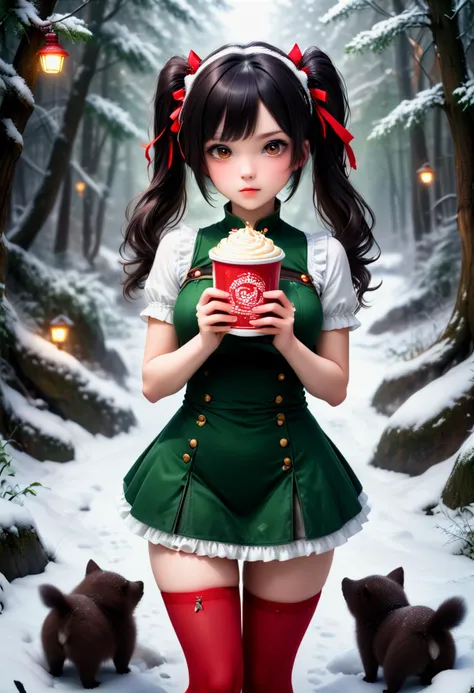 score_9, score_8_up, score_7_up, 1girl (medium full shot) of (lovely young woman:1.1), japanese with black hair styled in twin-tails, dark brown eyes, pale skin, petite, wearing Green velvet mini dress with red buttons, red stockings, black pumps, Christmas tree headband with twinkling lights, clutching a mug of hot cocoa topped with whipped cream, angry at the viewer, her arms are crossed, .set in Snowy Forest Path, Narrow trail winding through a dense forest, branches heavy with snow arching overhead, patches of mistletoe clinging to the trees, a babbling brook partially frozen over, and the occasional rustle of small animals foraging beneath the icy underbrush . ,Masterpiece,best quality, photorealistic, amazing quality, very aesthetic, extremely detailed face,