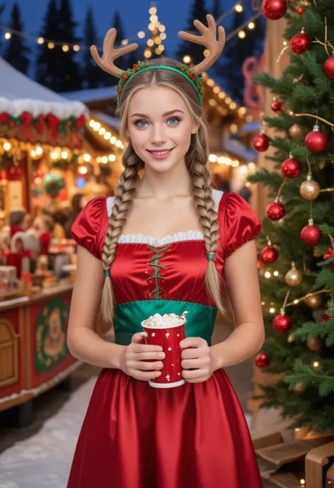 (medium full shot) of (desirable young woman), russian, blue eyes, fair skin, tall,, light skin, light Blue eyes, slim, long brown double braids hair, wearing Red satin dress with green sash, green stockings, red pumps, christmas tree headband with twinkling lights, clutching a mug of hot cocoa, set in christmas Market, Children's Corner, Playful area buzzing with youthful excitement, festive crafts tables adorned with glitter and glue, miniature evergreen saplings awaiting decoration, cozy nooks for storytelling, and a carousel adorned with whimsical reindeer , at sunset, smiling at the viewer, Masterpiece,best quality, photorealistic, amazing quality, very aesthetic, extremely detailed face,