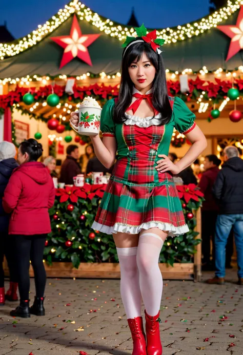 (medium full shot) of (bonnie young woman:1.1), chinese with straight black hair, dark eyes, fair skin, petite, wearing Red and green plaid mini dress with white collar, green stockings, red ankle boots, candy cane headband with peppermint swirls, clutching a mug of hot cocoa topped with whipped cream, angry at the viewer, she's making a kung fu pose, .set in christmas Market, Entertainment Stage, Center stage surrounded by eager spectators, festive music filling the air, lively performers adorned in colorful costumes, towering poinsettias framing the stage, and a backdrop of twinkling stars , at sunset. Masterpiece,best quality, photorealistic, amazing quality, very aesthetic, extremely detailed face,