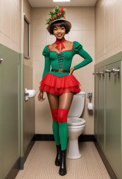 (medium full shot) of (vivacious young woman), south african, dark eyes, dark skin, dark skin, brown eyes, petite, short brown inverted bob hair, wearing Red and green lace-up bodysuit with red skirt, green stockings, black boots, nutcracker hat, carrying a sprig of holly, set in public Toilet, Simple, utilitarian design with linoleum flooring, stainless steel partitions between stalls, basic white porcelain toilets, wall-mounted soap dispensers, paper towel holders , laughing, squatting, Masterpiece,best quality, photorealistic, amazing quality, very aesthetic, extremely detailed face,