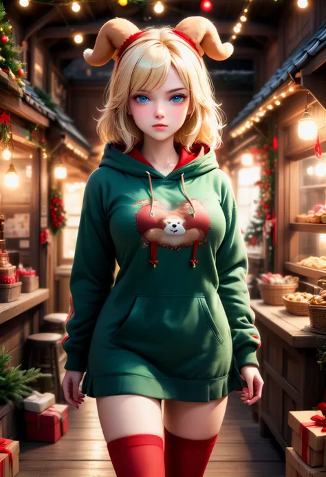 score_9, score_8_up, score_7_up, 1girl (medium full shot) of (sexy young woman:1.1), russian with blonde hair, blue eyes, fair skin, tall,, wearing Green velvet hoodie dress with red accents, red stockings, black combat boots, gingerbread headband with gumdrop accents, carrying a basket filled with holiday treats, angry at the viewer, she's making a kung fu pose, .set in christmas tree farm, Gift Shop, Quaint wooden cabin nestled amidst the trees, twinkling fairy lights adorning the exterior, shelves stocked with holiday decorations and ornaments, a cozy fireplace crackling inside, and festive music playing softly in the background , at sunset. ,Masterpiece,best quality, photorealistic, amazing quality, very aesthetic, extremely detailed face,